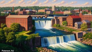 Great Falls waterfall at Great Falls National Historic Park in Paterson, NJ, with historic mill buildings and clear blue sky in the background.