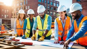 Diverse construction team in safety gear reviewing blueprints at a job site in Paterson, NJ, with tools and urban buildings in the background.
