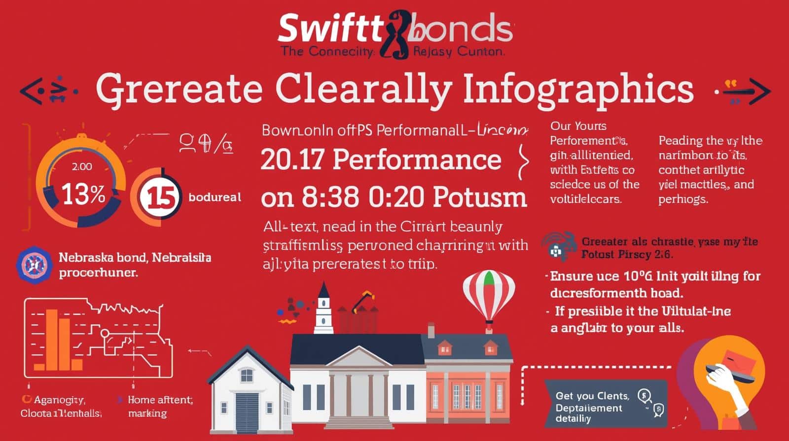 Red-themed infographic highlighting Nebraska performance metrics, housing market data, and bond compliance visuals.