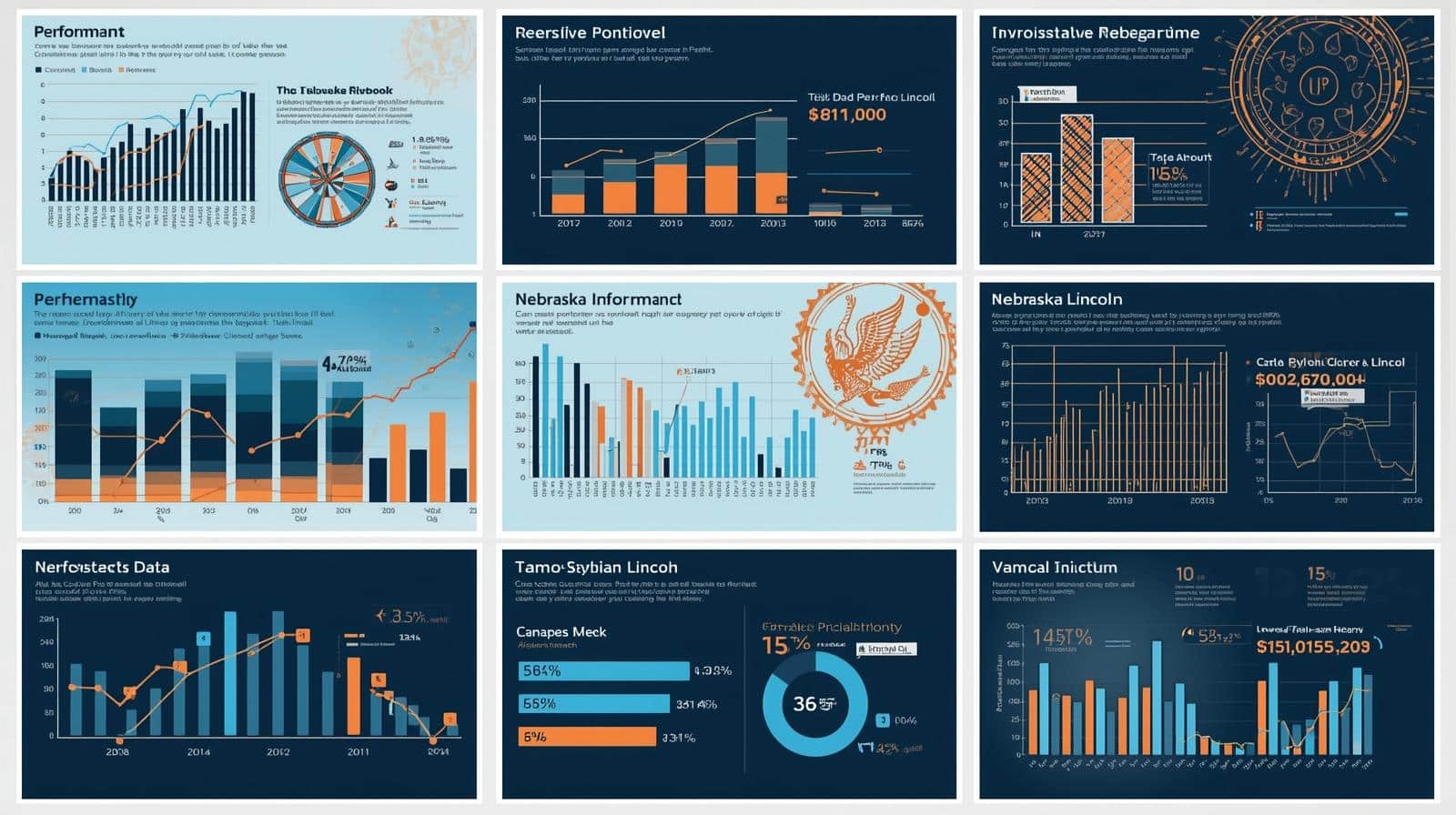 Infographic showing performance trends, risk factors, and Nebraska Lincoln financial data with charts and graphs.
