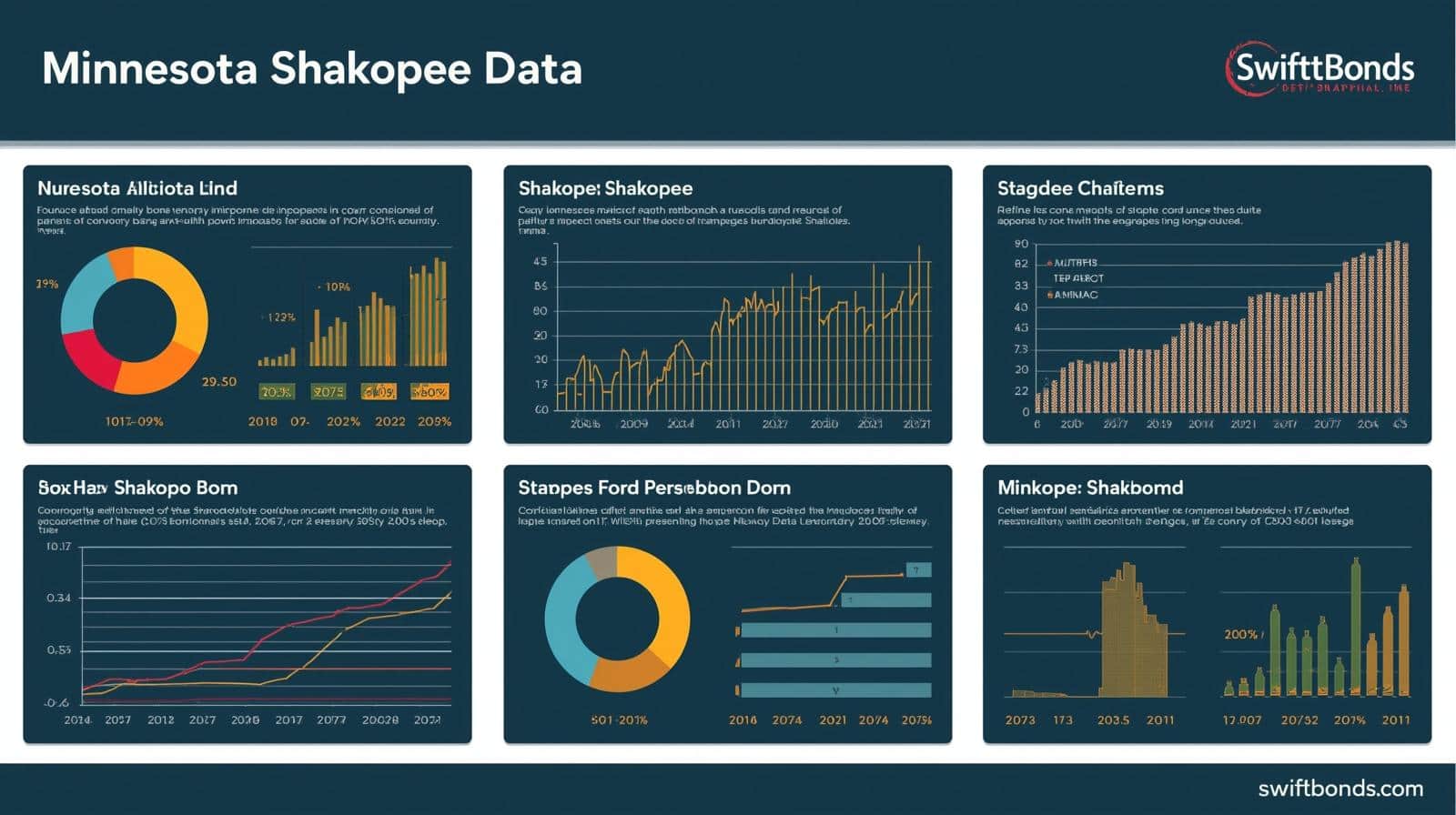 Six-panel dashboard-style graphic presenting pie charts, bar graphs, and trend lines tracking Shakopee bond data over several years.