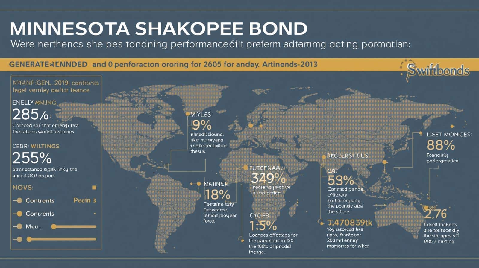 World map infographic showing global data points and percentages related to Minnesota Shakopee bond performance.