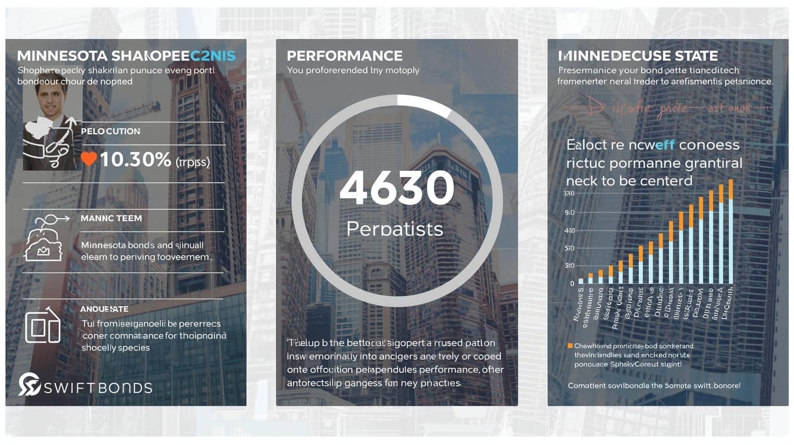 Vertical triptych-style infographic with cityscape background highlighting bond rate, performance percentage, and state-level data trends.