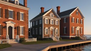 Historic colonial-style homes along a waterfront boardwalk in Perth Amboy, New Jersey during golden hour.