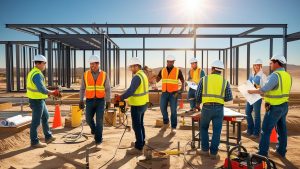 Group of construction workers in safety vests and helmets collaborating on a project with steel structures in the background under the New Mexico sun.