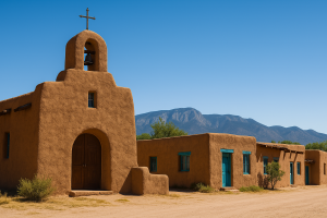 Vintage adobe church with a bell tower, turquoise-accented adobe homes, and distant mountains under a bright blue sky in Rio Rancho, New Mexico.