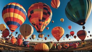 Colorful hot air balloons filling the sky at the International Balloon Fiesta in Rio Rancho, New Mexico, during a clear sunny morning.