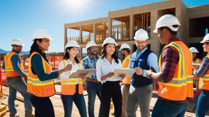 Diverse construction team reviewing project plans on-site with safety gear, standing in front of a partially constructed building in Rio Rancho, New Mexico.