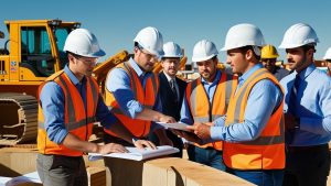 ngineers and construction team collaborating on project blueprints at a construction site in Roswell, New Mexico, ensuring timely project completion and quality assurance.