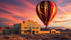 Roswell UFO Museum in Roswell, New Mexico, with a colorful hot air balloon hovering above at sunset, highlighting the city's famous UFO heritage.