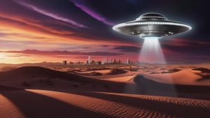 A futuristic UFO hovering over the desert near Roswell, New Mexico, with the city skyline in the distance and a vibrant sunset sky in the background.