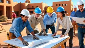 A team of construction professionals in Santa Fe, New Mexico, gathered around project plans with traditional adobe structures in the background, discussing strategies for completing a successful building project.
