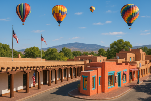 A breathtaking view of Santa Fe, New Mexico, showcasing the Palace of the Governors with its historic adobe architecture, colorful art galleries along Canyon Road, and vibrant hot air balloons floating against a clear blue sky with the Sangre de Cristo Mountains in the background.