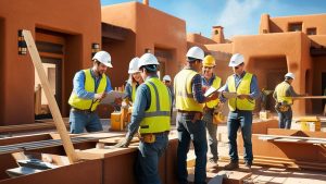 Construction workers in Santa Fe, New Mexico, reviewing blueprints on-site in front of traditional adobe buildings, ensuring compliance with local building standards while collaborating effectively in a professional environment.