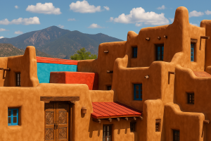 A close-up of traditional adobe-style buildings in Santa Fe, New Mexico, with intricate wooden doors, vibrant blue windows, and terracotta hues, set against the majestic backdrop of the Sangre de Cristo Mountains under a sunny sky.