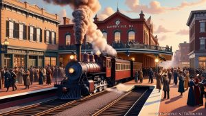 Historic steam locomotive arriving at Sayreville, New Jersey train station surrounded by people in period attire