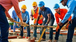 Construction workers collaborating on a job site in Sayreville, New Jersey wearing safety gear and hard hats