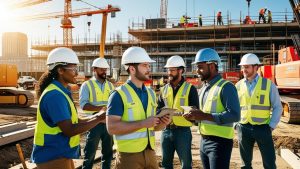 Group of engineers and construction workers in high-visibility vests and helmets collaborating on-site, with a large construction project underway in the background.