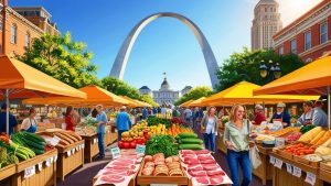 Lively farmers market in St. Louis, Missouri, with fresh produce, meats, and baked goods under yellow tents, set against the backdrop of the iconic Gateway Arch.