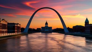 Stunning view of the Gateway Arch in St. Louis, Missouri, reflecting on the river at sunset, with the historic Old Courthouse in the background.