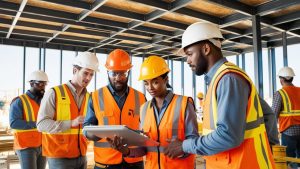 Diverse construction team in safety gear reviewing blueprints at an active construction site, ensuring project compliance and efficiency.