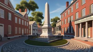 Historic downtown Trenton, New Jersey featuring the Trenton Battle Monument and New Jersey State House surrounded by colonial-era buildings.