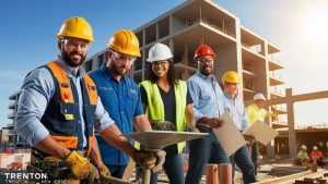 Diverse construction crew working on a building project in Trenton, New Jersey, wearing hard hats and safety gear in front of a modern development.