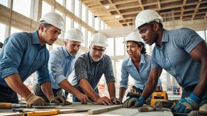 Construction team in hard hats collaborating over project plans inside a commercial building under development in West New York, NJ.