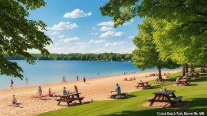 A scenic view of Crystal Beach Park in Burnsville, Minnesota, showing a sandy beach, clear lake, and lush green picnic areas. Families and visitors enjoy swimming, sunbathing, and relaxing under shaded trees on a bright summer day.