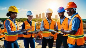 A diverse group of construction professionals in safety vests and hard hats discussing a project on-site, with heavy machinery and a partially completed building in the background.