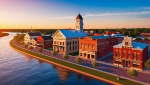 A scenic view of St. Joseph, Missouri’s historic riverfront district at sunset, featuring classic brick buildings, a courthouse, and a calm river reflecting the skyline.