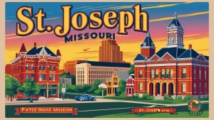 A retro-style postcard illustration of St. Joseph, Missouri, showcasing local landmarks including the Patee House Museum and the St. Joseph River.