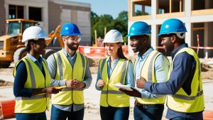 A construction team wearing orange and yellow safety vests reviewing project plans on a job site, with a city skyline and equipment in the background.