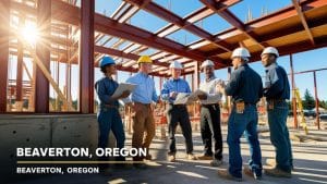 Construction workers and engineers collaborating on a building site in Beaverton, Oregon with steel beams and sunlight creating a dynamic work atmosphere.