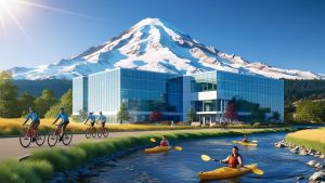 Modern glass office building in Beaverton, Oregon with Mount Hood in the background, kayakers and cyclists enjoying the outdoor scenery under sunny skies.