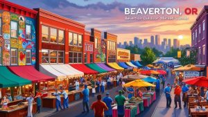 Beaverton, Oregon outdoor market at sunset with colorful vendor stalls, mural art, and bustling crowds under a vibrant city skyline