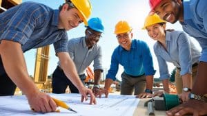 Diverse team of construction workers in Beaverton, Oregon reviewing blueprints on-site with hard hats and building frames in the background.