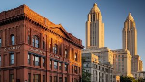 Downtown Buffalo, NY skyline featuring the historic Guaranty Building and modern Art Deco towers at sunset.