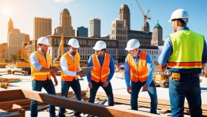 Buffalo, NY construction workers in safety vests and hard hats reviewing building plans on-site with city skyline in background.