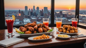 Plates of Buffalo wings and drinks served at a restaurant overlooking the Buffalo, NY skyline during sunset.