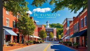 Main street in downtown Burlington, North Carolina featuring red brick buildings, leafy trees, and a historic courthouse under a blue sky