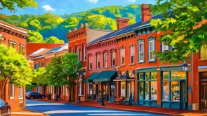 Colorful illustration of historic red-brick storefronts along a tree-lined street in downtown Burlington, North Carolina