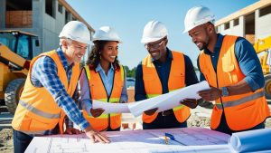 Group of construction professionals in Burlington, North Carolina wearing safety gear while reviewing blueprints on an active job site