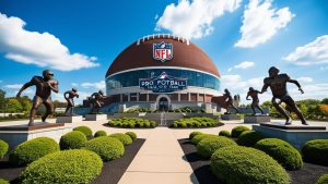Front view of the Pro Football Hall of Fame in Canton, Ohio with NFL logo and bronze football player statues.