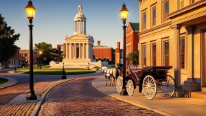 Historic street in downtown Canton, Ohio featuring cobblestone roads, horse-drawn carriage, and neoclassical government building at sunset.
