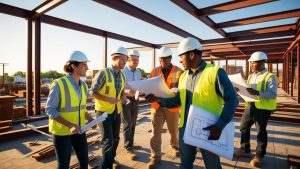 Construction workers reviewing blueprints on a steel-framed commercial job site in Canton, Ohio under sunny skies.