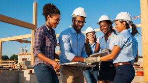 Female engineers and project managers in hard hats review plans at a modern construction site in Dayton, Ohio.