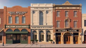 Iconic buildings in downtown Dayton, Ohio including the Wright Brothers’ Bicycle Shop and Victoria Theatre under clear skies.