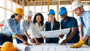 Project managers and engineers reviewing construction blueprints in Elyria, Ohio at a commercial building site with wooden framing