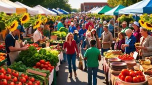 Crowds shopping at Elyria, Ohio farmers market with fresh produce, sunflowers, and local vendors under tents on a sunny day